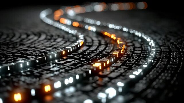 Abstract Dark Background With Winding Rows Of White And Orange Glowing Blocks
