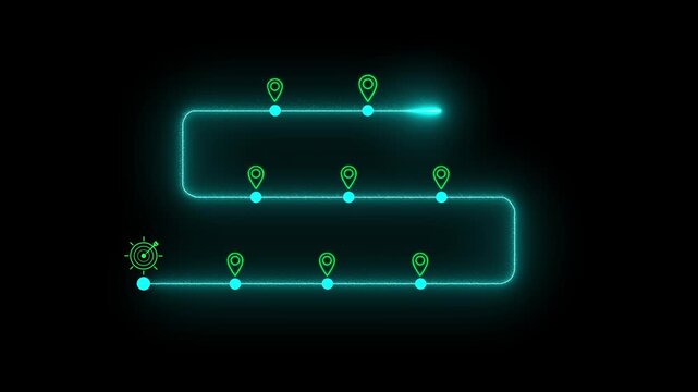 Glowing Neon Line  Business and Project Roadmap Concept. With roadmap overlay representing steps in a project or strategic planning process. Waypoint icons and ends with goal achievement. 4k video