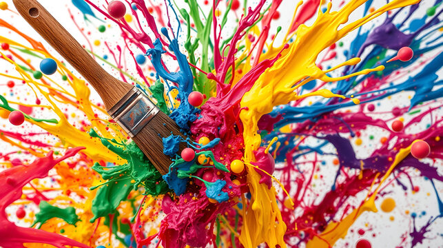 The image presents brushes flinging vibrant paint in a whirl of colors, encapsulating the chaos and spontaneity of the creative process, filled with energy and passion.