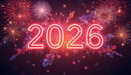 Red neon 2026 numbers with pink and orange fireworks display year celebration