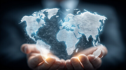 Hands present a holographic world map illustrating global connectivity responsibility and stewardship, conveying international business reach data networks logistics 