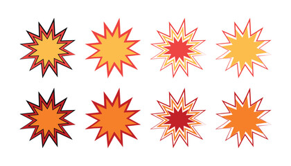 Comic style explosion icons set, explosion blast burst detonation boom vector effect, sale badge, sticker