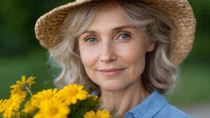 Mature woman wearing straw hat holding yellow flowers smiling gently outdoors