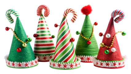 Festive Christmas Tree Hats with Candy Canes and Ornaments on Black