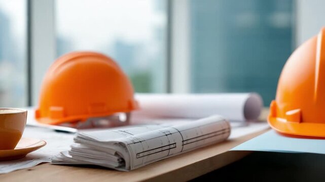 Engineering and Planning: An array of tools, a cup of coffee, and architectural blueprints lay scattered across a light wood desk.