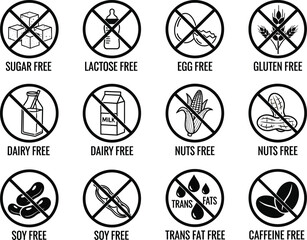 Allergen Warning Icons Set Sugar, Lactose, Egg, Gluten, Dairy, Nuts, Soy, Trans Fat, Caffeine