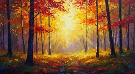 Fototapeta premium Golden Autumn Forest Path in Warm Sunlight