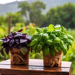 Two potted herbs in the rain (1)