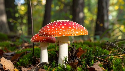 Two red mushrooms in a forest