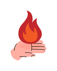 Human hand holding fire flame. Vector flat design symbolizing energy, warmth, and power