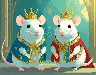 Two regal mice in crowns and robes