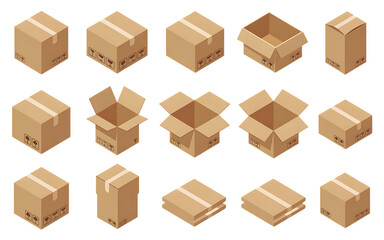Fototapeta premium Collection of isometric cardboard boxes for shipping and delivery logistics