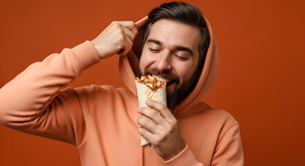 Enjoying Fresh and Flavorful Doner Kebab A Man's Delightful Experience of Savoring the Taste of Authentic Turkish Cuisine Food Lifestyle and Culinary Bliss