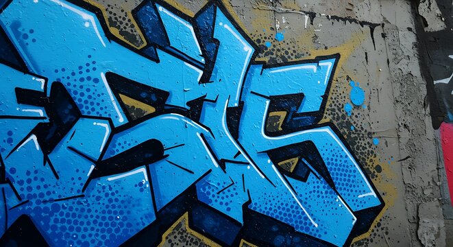 A vibrant blue wildstyle graffiti piece with 3D letters painted on a weathered concrete wall.