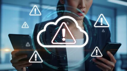 Cloud Security Breach Alert Asian Businesswoman Reacts to Data Threat on Mobile Devices