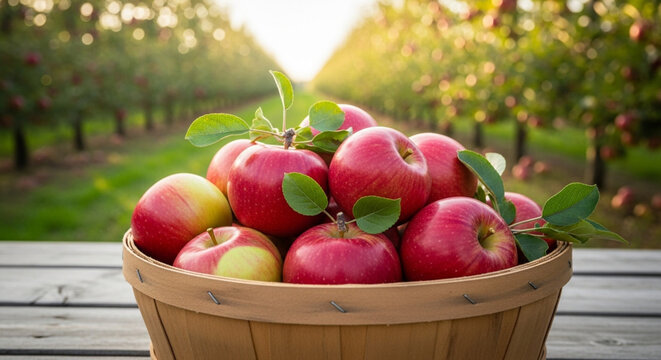 Freshly picked red apples overflowing from a wooden basket, ready for autumn harvest festivals and delicious treats from a thriving orchard