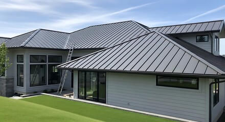 Modern house with gray metal standing seam roof and green lawn under a bright sky.