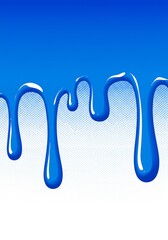 Vibrant blue liquid drips with a glossy finish against a white background and subtle halftone texture.
