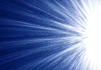 Dynamic abstract background featuring bright white light rays emanating from the right into a deep blue space filled with sparkling particles.