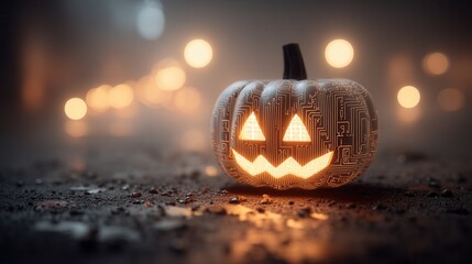 halloween technology concept. Glowing pumpkin with a digital pattern and blurred lights in the background.