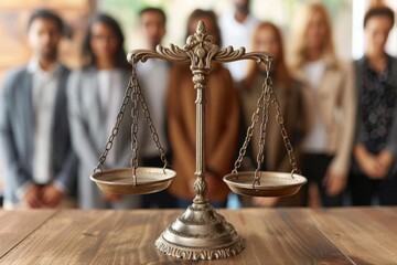 Justice scales symbolizing law and equity with diverse group