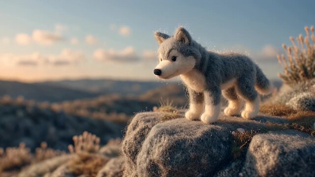 Animated wolf on rocky outcrop with mountain range background