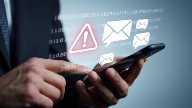 Businessman Receives Warning Alert on Smartphone Security Breach, Phishing, and Data Privacy Concerns