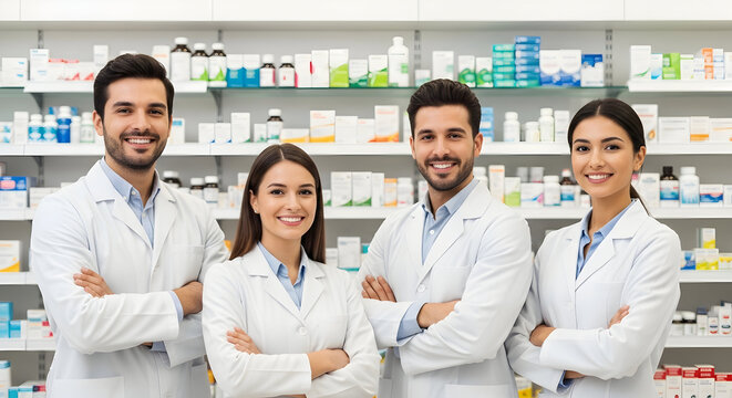 Pharmacy Team Optimism Smiling Professionals Working Together Healthcare Expertise Medication Shelf Professional Medical Staff Confident Leadership Wellness Partnership Support