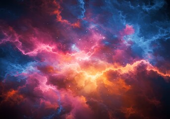 Fototapeta premium A vibrant, colorful nebula with swirling clouds of pink, orange, and blue, speckled with distant stars.