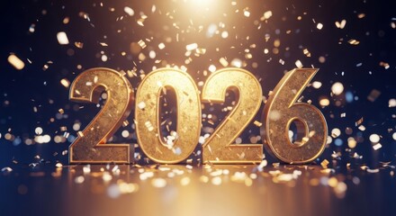 Golden 2026 numbers glow with sparkling bokeh lights and festive confetti creating a celebratory new year atmosphere