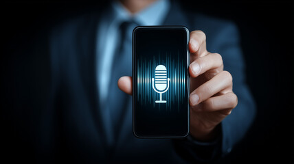 Smartphone with microphone icon in hand representing voice assistant speech recognition mobile recording and digital communication
