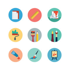 Flat vector illustration of art and design tools icons including paintbrush, paint roller, ruler, notebook, pencil, paint tube, palette, and easel. Perfect for graphic design, creative projects, schoo