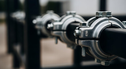 Fototapeta premium Steel Clamps Connecting Black Pipes: A Powerful Symbol of Industrial Strength Engineering Precision and Unwavering Reliability in Mechanical Systems 180chars