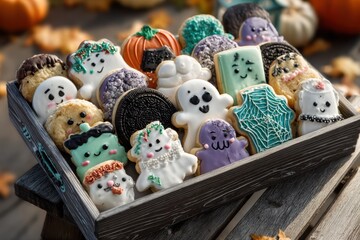 Halloween-themed decorated cookies arranged in a wooden basket with autumn leaves and pumpkins in the background for festive celebration