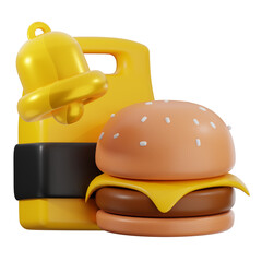 Yellow Delivery Bag with Notification Bell and Cartoon Burger on Transparent Background Food Order Convenience Shiny 3D Render