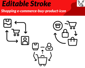 Shopping e-commerce buy product icon. character in a modern flat vector style featuring a shopping cart or bag with a bold buy button. price tag or cursor click symbol. Can include card delivery box. 