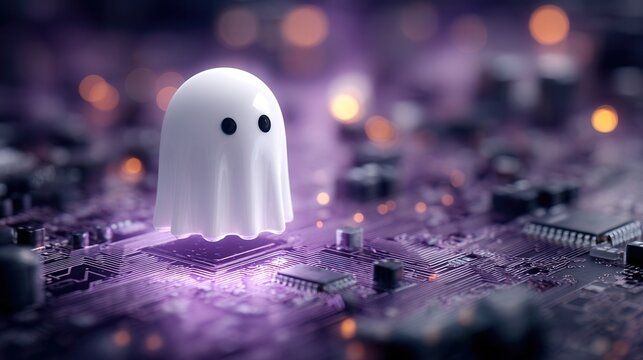 halloween technology concept. Ghostly figure floating above a circuit board with purple lighting effects.