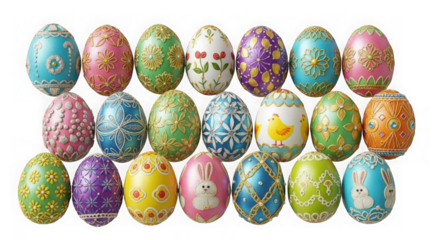 Collection of decorated easter eggs isolated on transparent background for celebration