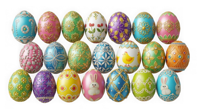 Collection of decorated easter eggs isolated on transparent background for celebration