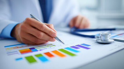 Medical professional reviews detailed charts with a stethoscope symbolizing healthcare analytics and evidence based management that turns data into decisions and measurable quality improvement.
