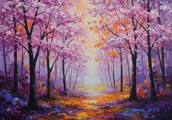 A vibrant impasto oil painting of a sunlit path winding through a forest of pink and purple blossoming trees.