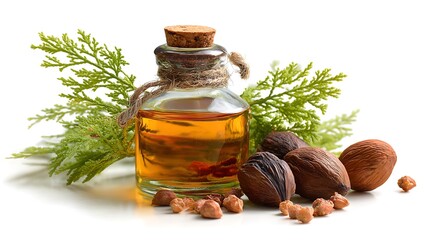 Aromatic cedarwood essential oil bottle with cones and greenery on white background