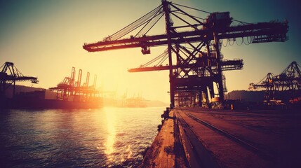 Obraz premium Industrial Port at Sunset with Cranes and Vibrant Reflections on Water Surface in Golden Hour Lighting
