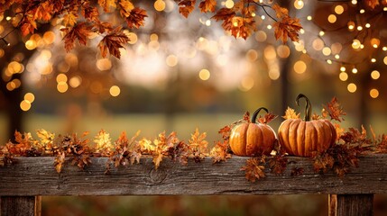 Autumn Harvest Scene with Pumpkins, Colorful Leaves, and Twinkling Lights Creating a Warm Atmosphere of Fall Celebration