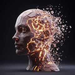 A stone bust of a human head shattering into pieces, with bright, fiery light glowing from the cracks against a dark background.