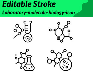 Laboratory molecule biology set icon. Featuring interconnected molecular structures, DNA strands and microscopes symbolizing scientific research and biotechnology. Designed in clean flat vector style.