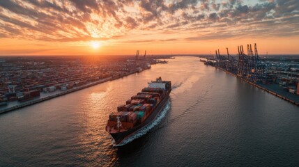 Fototapeta premium Container ship sailing in harbor at sunset with colorful clouds and loading cranes in a bustling commercial port