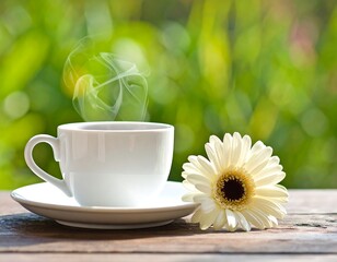 Morning Coffee and Flower on Wooden Table.