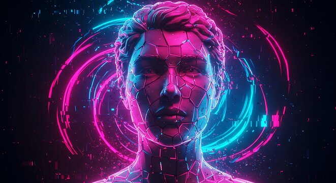 A futuristic portrait of a person with a fragmented, geometric face illuminated by vibrant neon pink and blue lights, set against a dark, swirling cosmic background. - Powered by Adobe
