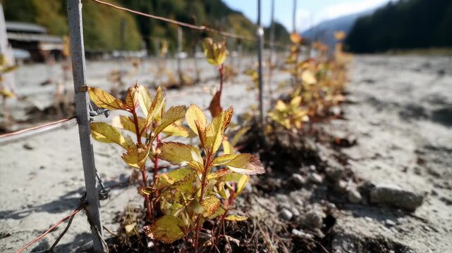 Midrange footage capturing resilient native plants anchored in soil with background bokeh demonstrating natural erosion prevention in recovery project.